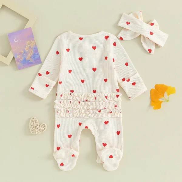 Pudcoco Baby Girls Valentines Day Foot Cover Jumpsuit Long Sleeve Crew Neck Heart Print Ruffle Zipper Footies with Headband 0-6M - Image 6