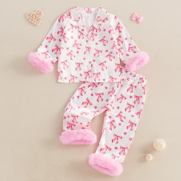 Baby Girl Silk Pajamas Set Floral Girl Button Down Feather Trim Sleeve Shirts and Pants Valentines Day Satin Pj Sets - Image 4