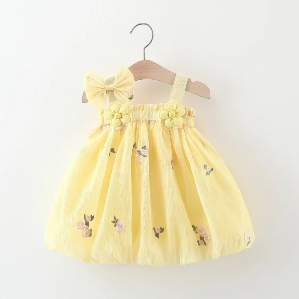 Infant Girl Summer Chiffon Dress Flower Embroidered Yellow Dress Korean Style Kids Clothes