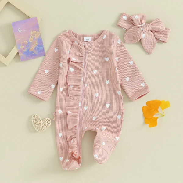 Pudcoco Baby Girls Valentines Day Foot Cover Jumpsuit Long Sleeve Crew Neck Heart Print Ruffle Zipper Footies with Headband 0-6M - Image 3