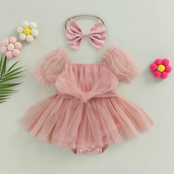 0-24M Infant Baby Girl Romper Dress Solid Color Short Sleeve Front Bowknot Tulle Jumpsuit Headband Baby Girl Summer Clothes - Image 2