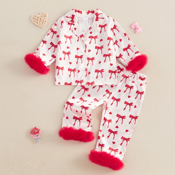 Baby Girl Silk Pajamas Set Floral Girl Button Down Feather Trim Sleeve Shirts and Pants Valentines Day Satin Pj Sets - Image 2