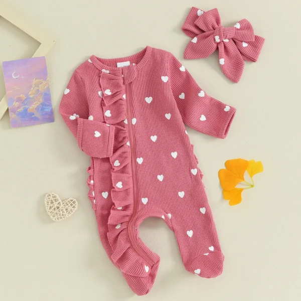 Pudcoco Baby Girls Valentines Day Foot Cover Jumpsuit Long Sleeve Crew Neck Heart Print Ruffle Zipper Footies with Headband 0-6M - Image 2
