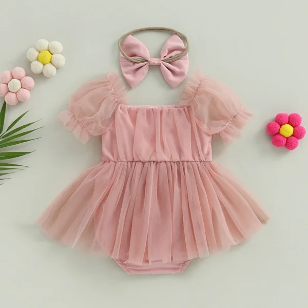 0-24M Infant Baby Girl Romper Dress Solid Color Short Sleeve Front Bowknot Tulle Jumpsuit Headband Baby Girl Summer Clothes - Image 3