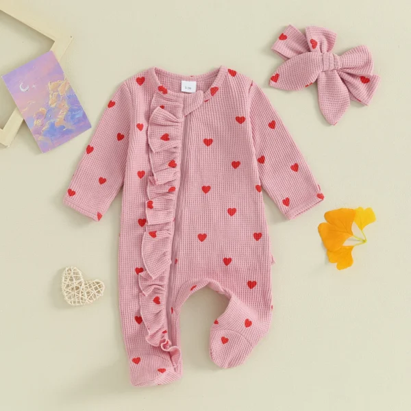 Pudcoco Baby Girls Valentines Day Foot Cover Jumpsuit Long Sleeve Crew Neck Heart Print Ruffle Zipper Footies with Headband 0-6M - Image 4