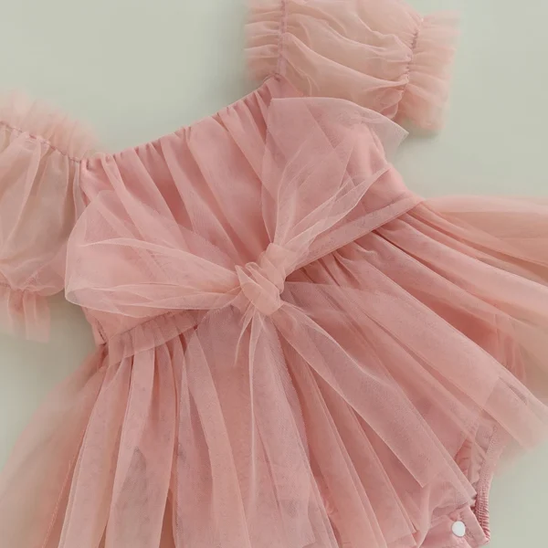 0-24M Infant Baby Girl Romper Dress Solid Color Short Sleeve Front Bowknot Tulle Jumpsuit Headband Baby Girl Summer Clothes - Image 4