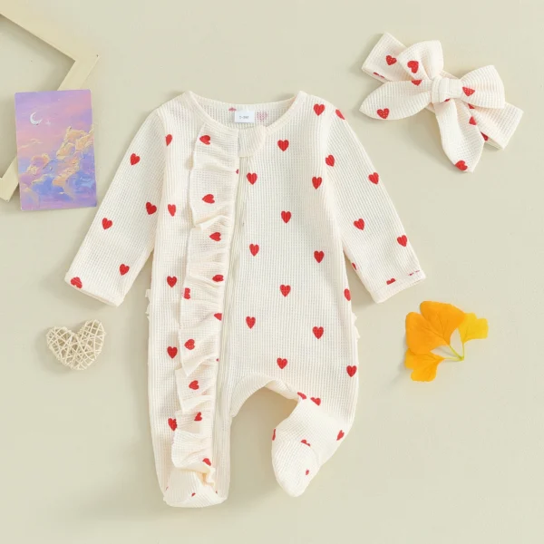 Pudcoco Baby Girls Valentines Day Foot Cover Jumpsuit Long Sleeve Crew Neck Heart Print Ruffle Zipper Footies with Headband 0-6M - Image 5