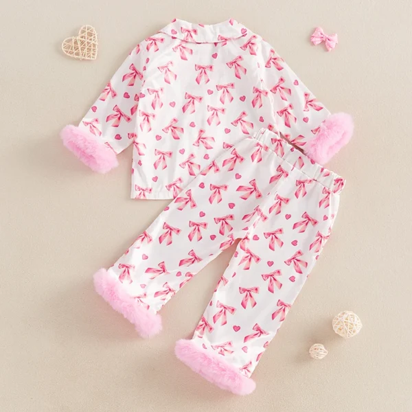 Baby Girl Silk Pajamas Set Floral Girl Button Down Feather Trim Sleeve Shirts and Pants Valentines Day Satin Pj Sets - Image 5
