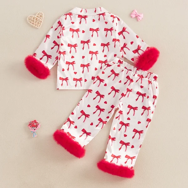 Baby Girl Silk Pajamas Set Floral Girl Button Down Feather Trim Sleeve Shirts and Pants Valentines Day Satin Pj Sets - Image 3